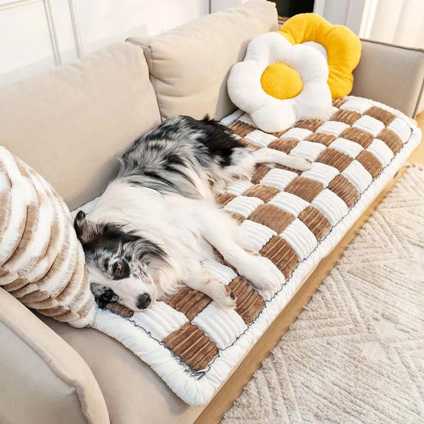 Cream-coloured Large Plaid Square Fuzzy Pet Dog Mat Bed Couch